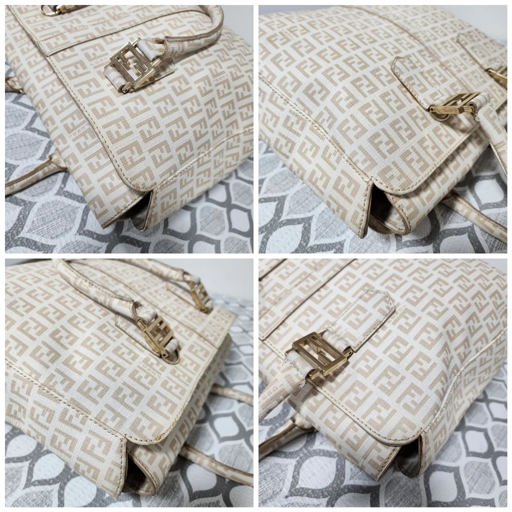Fendi Zucchino Coated Canvas FF Handle Tote Bag Beige